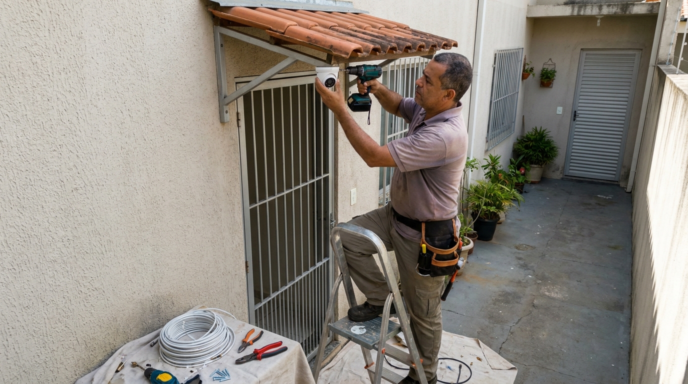 Eletricista instalando cameras de seguranca em Blumenau‑SC