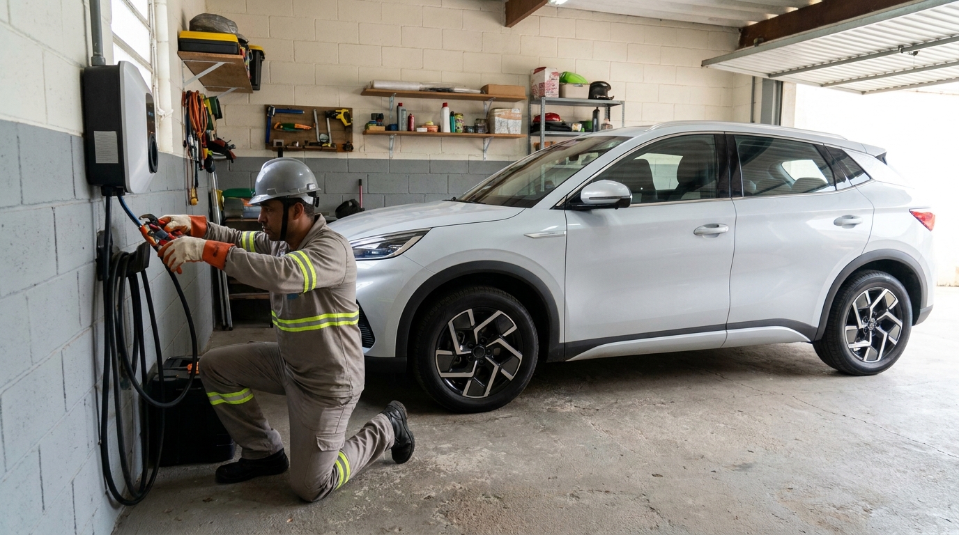 Eletricista instalando carregador de carro eletrico em Blumenau‑SC