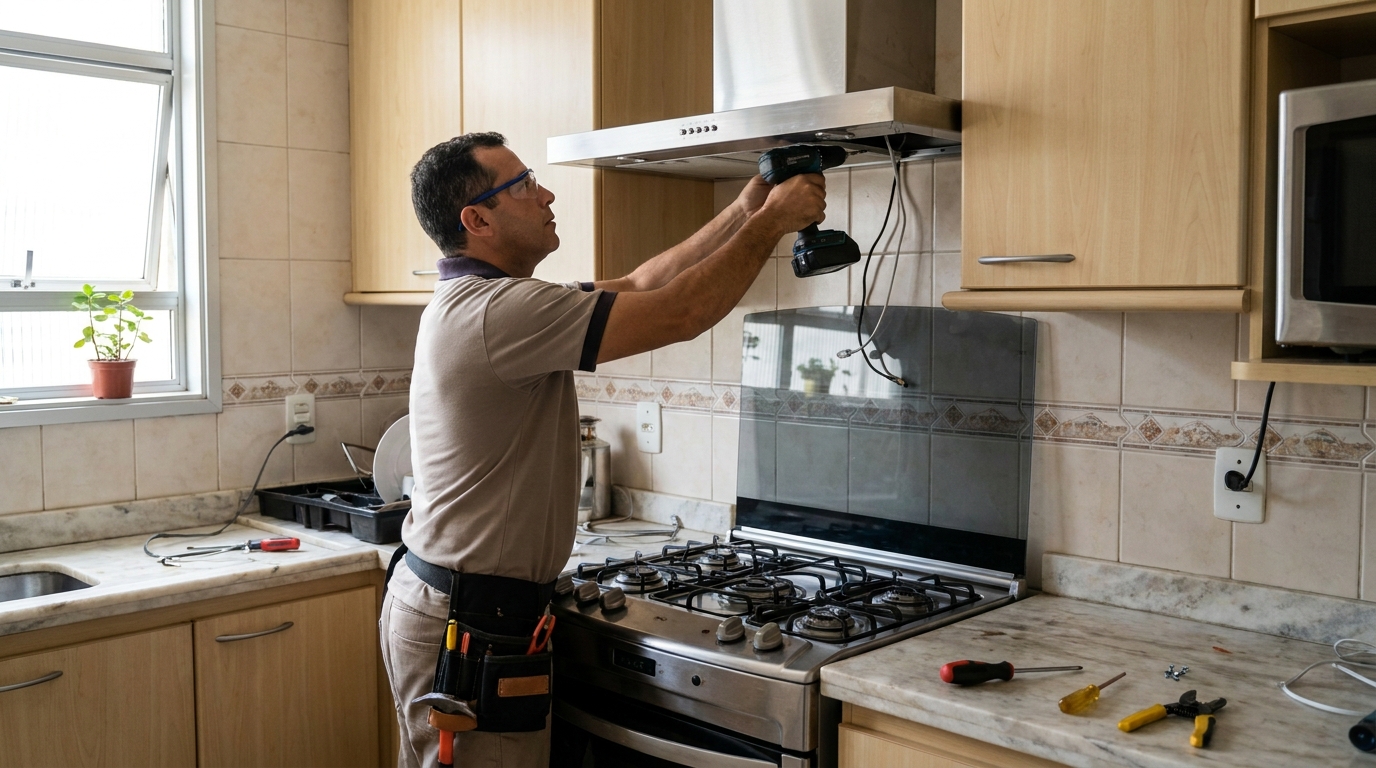 Eletricista instalando coifa em Blumenau‑SC