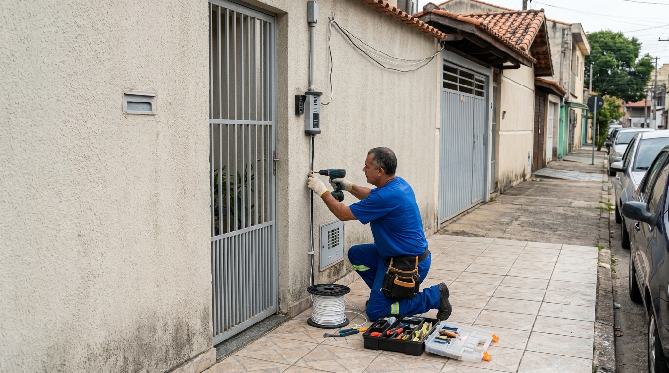 Eletricista instalando interfone em Blumenau‑SC