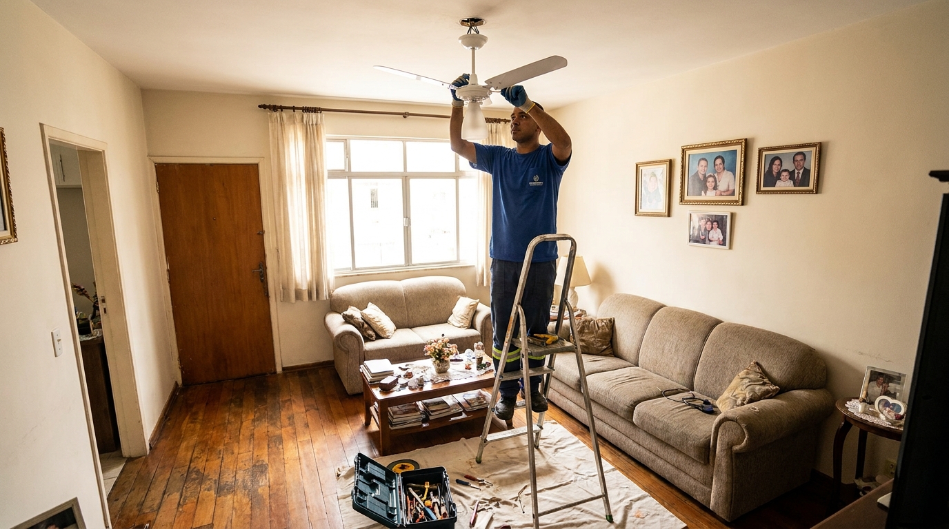 Eletricista instalando ventilador de teto em Blumenau‑SC