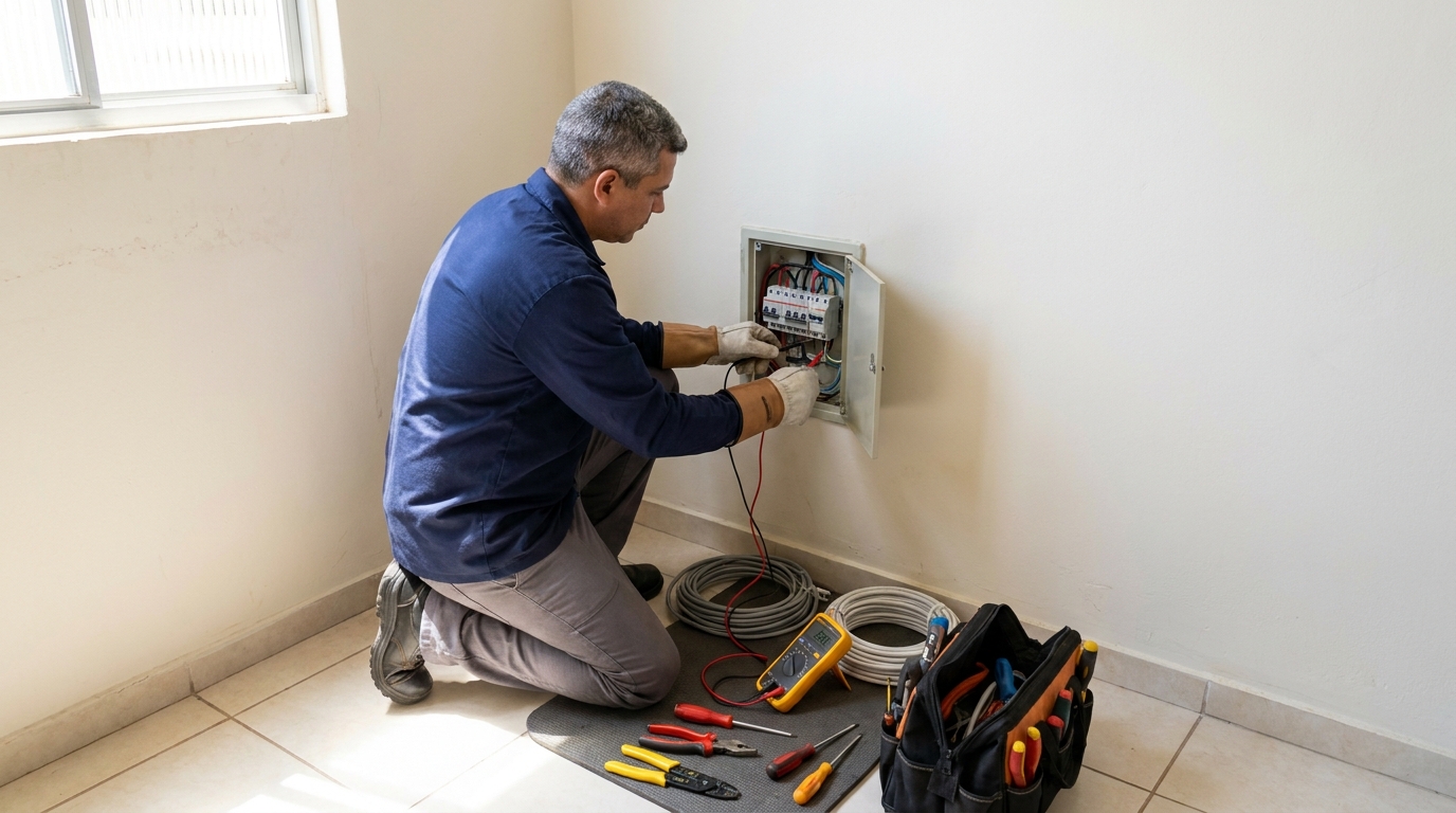 Eletricista realizando manutencao em Blumenau‑SC